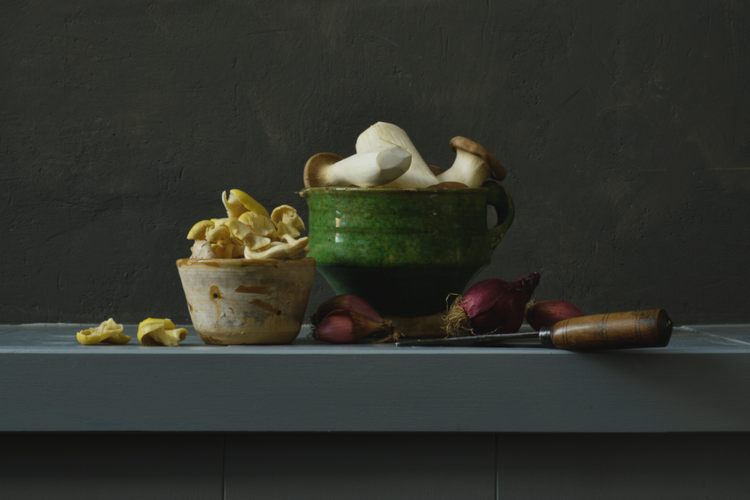 Stilleven met paddenstoelen, rode uien en groene pot – fine art print van Dirk Bal met donkere achtergrond.