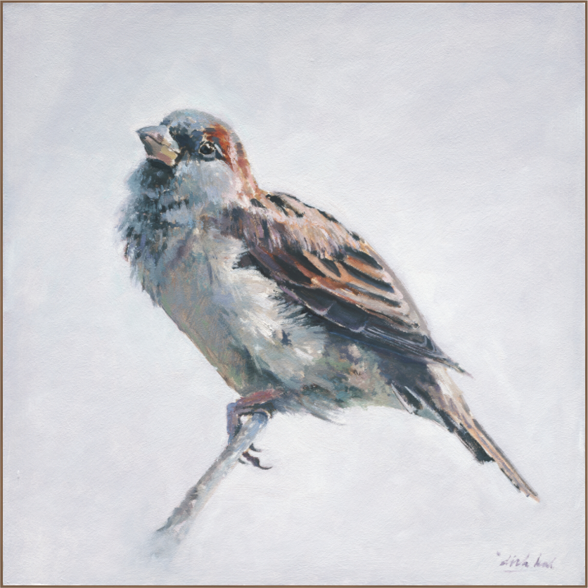 Schilderij van een mus op een tak, in realistische stijl met warme bruin- en grijstinten tegen een lichte achtergrond.