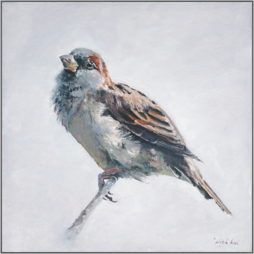 Schilderij van een mus op een tak, in realistische stijl met warme bruin- en grijstinten tegen een lichte achtergrond.