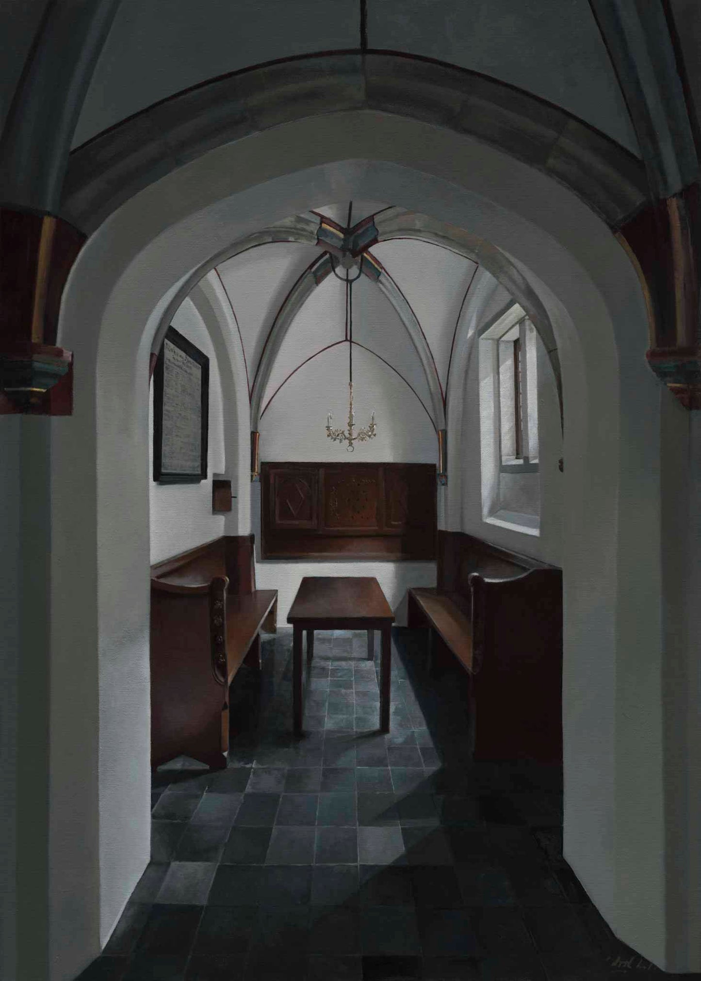 Realistische weergave van een historische kapel met gewelfd plafond, houten banken en zacht invallend licht, vastgelegd door Dirk Bal.