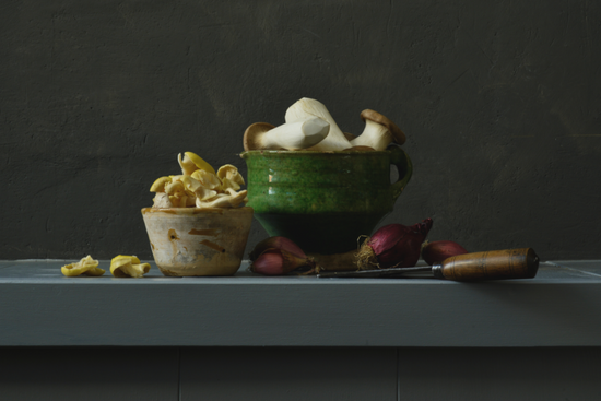 Stilleven met paddenstoelen, rode uien en groene pot – fine art print van Dirk Bal met donkere achtergrond.