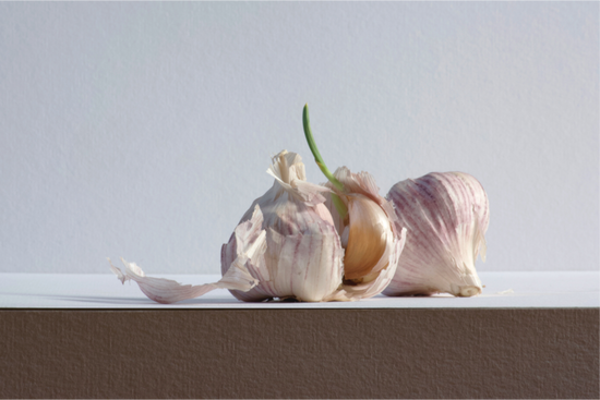 Realistisch stilleven van een bol knoflook, deels geschild met een groene spruit, op een glad wit oppervlak. Fotografie van Dirk Bal.
